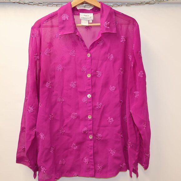 Country Wear Casuals Sheer Pink Button-Up Blouse With Embroidered Floral Pattern - Picture 6 of 10